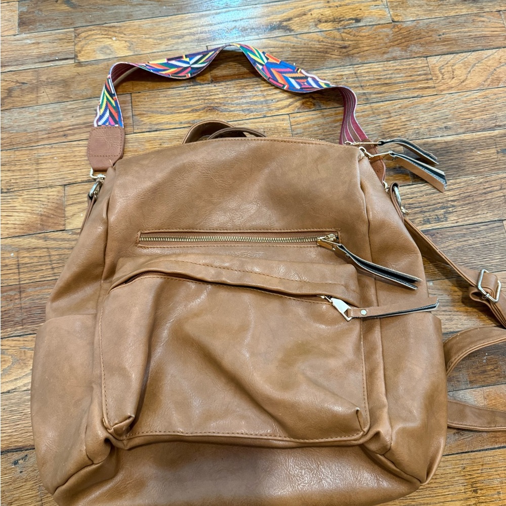 Brown Faux Leather Backpack with Colorful Strap